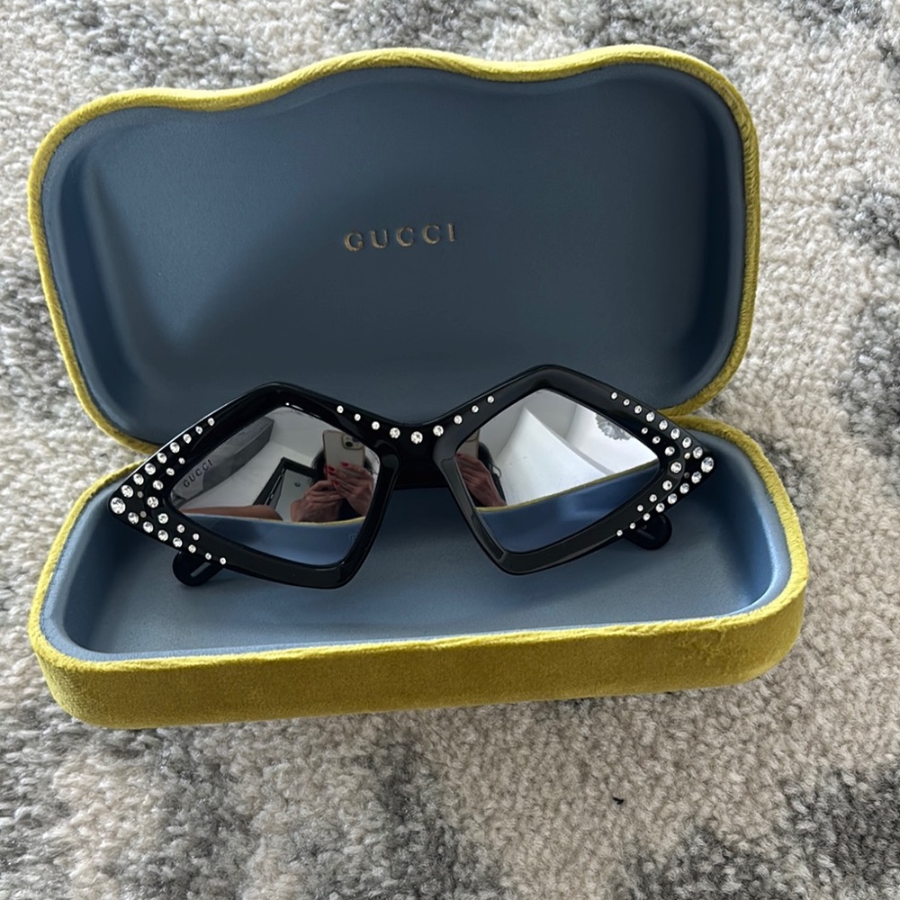 Gucci Black Mirror Lense Oversized Sunglasses with Crystals